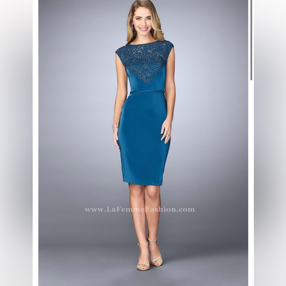 La Femme 23266 Teal Lace Bodice Cocktail Dress Beaded Embroidery 4 NWT